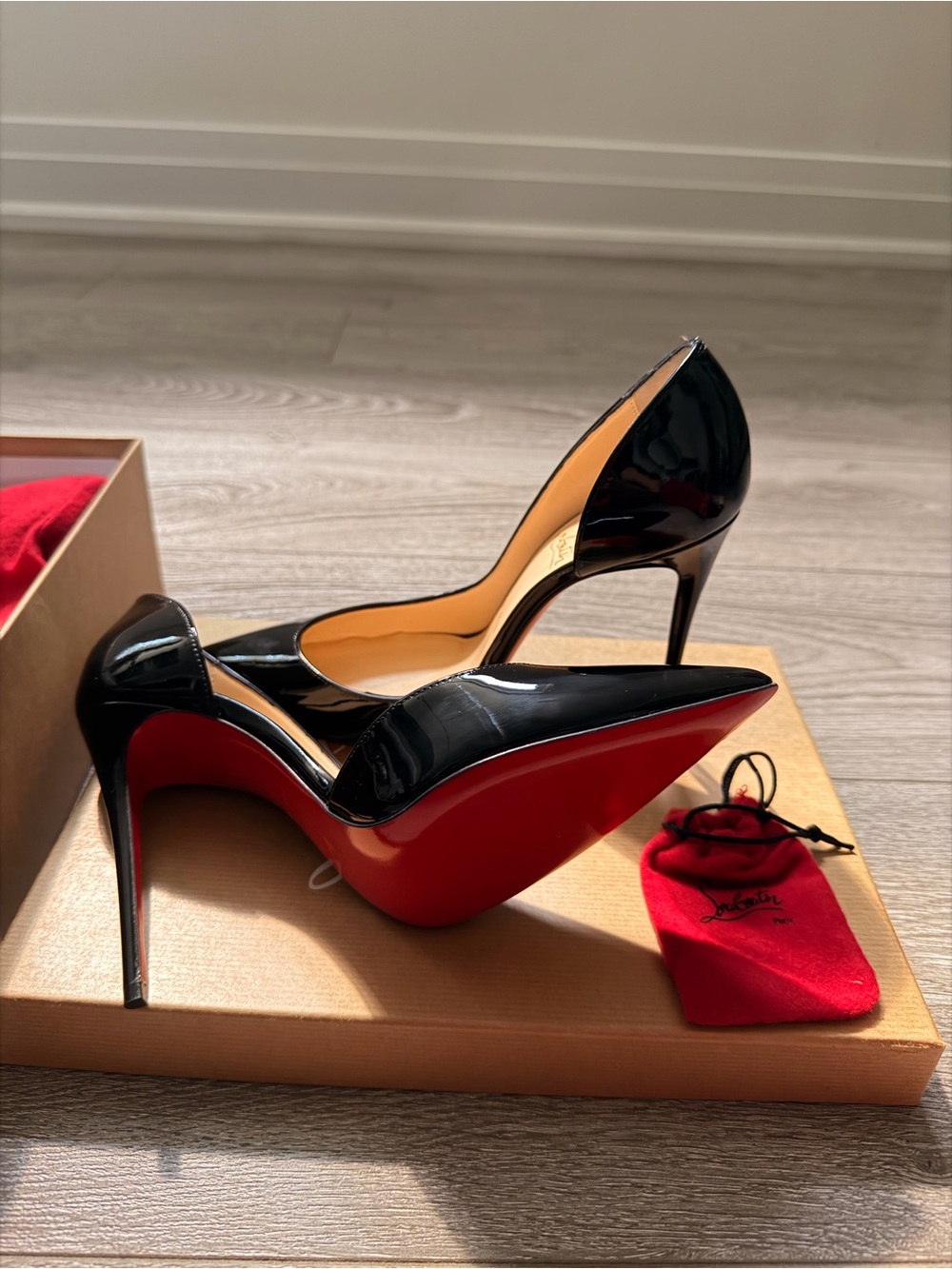 New Christian Louboutin Black Patent Leather Pointed Toe Pumps with Red Soles